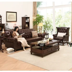 American Retro Brown Leather Multi-Person Sofa with Pull Buckle