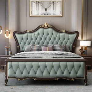American Style Bedroom King Size Solid Wood Double Bed with Soft Headboard Leather Upholstery