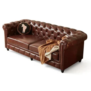 American-Style Brown Leather Sofa for Living Room