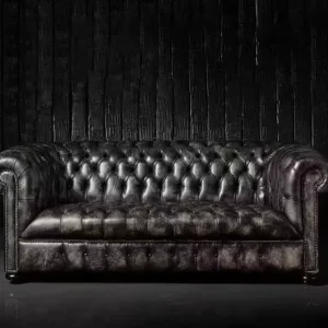 American-Style Dark Green Genuine Leather Modular Three-Seater Sofa with Button Tufting