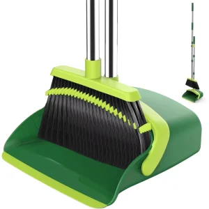 Amz Upright Broom and Dustpan Set Self Cleaning with Dustpan Teeth with Long Rustproof Handle Indoor and Outdoor Sweeping