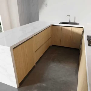 Apartment Kitchen with Space-Efficient Layout and Warm Wood Finishes