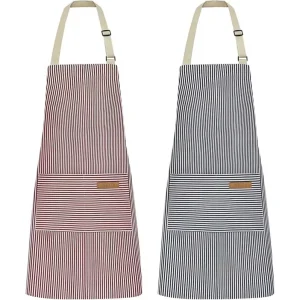 Aprons Kitchen Cooking Aprons Adjustable Bib Soft Chef Apron With 2 Pockets for Men Women (Black Brown Stripes)