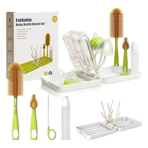 BPA Free Cleaning Brush Set 6-in-1 Bottle Brush with Nipple & Straw Brush Foldable Drying Rack & Storage Case
