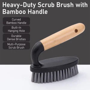 Bamboo Handle Scrub Brush with Plastic Bristles for Bathroom Cleaning