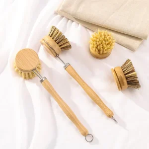 Bamboo Kitchen Scrub Brush with Long Handle Replacement Head Natural Sisal Pan Pot Brush Dish Bowl Washing Brush Kit