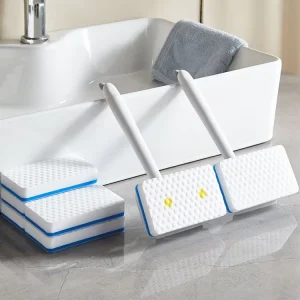 Bathroom Cleaning Brush with Built in Squeegee Long Handle Replaceable Nano Melamine Sponge Scrubber for Shower Glass Tile Floor