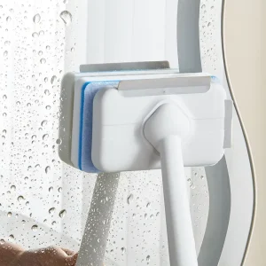 Bathroom Cleaning Brush with Built in Squeegee Long Handle Replaceable Nano Melamine Sponge Scrubber for Shower Glass Tile Floor