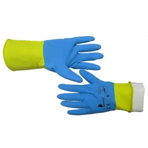 Bi Color Double Color Blue & Yellow Household Latex Gloves Luvas Guantes Dip Flock Liner Fishscale Grip Roll Cuff Guantes Largos