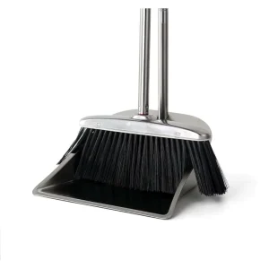 Black Brooms with 46Inch Long Handle Silver Dustpans Brush Combo for Kitchen Room Office Lobby Floor Clean Heavy Duty Bristles