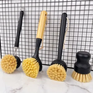 Black Kitchen Dish Brush Natural Bamboo Long Handle Sisal Bristles Sink Cleaning Dishwashing Scrubber