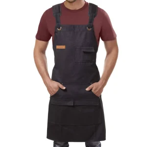 Black Kitchen Use Bib Cross Back Adjustable Reusable Eco-Friendly Durable Polyester Cotton Apron with Pockets