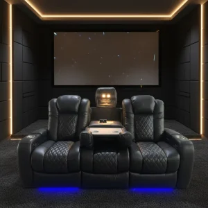 Black Leather 3-Seater Power Recliner Sofa with Extendable Wood Frame and LED Light