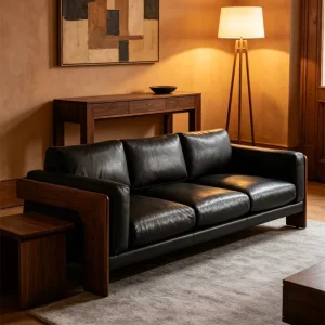 Black Leather 3 Seater Sofa with Walnut Wood Arms Mid Century Modern Living Room Couch
