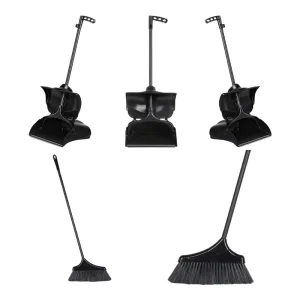 Black Plastic Broom Windproof Dustpan Set Household Cleaning Supplies Foldable Upright Design with Easy Cleaning Bristle Head