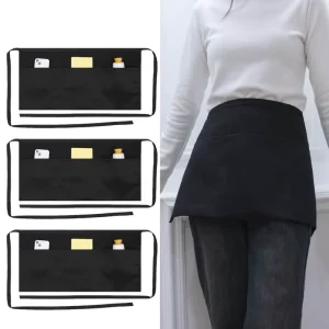 Black Short Aprons for Resistant Server Waitress Waist Apron Chef Uniform Custom Logo Half Apron with 3 Pockets