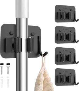 Black Stainless Steel Mop and Broom Hanger with Hooks Heavy Duty Broom and Mop Organizer Wall Hanging for Bathroom