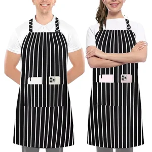 Black Striped Durable Polyester Bib Chef Apron with Pockets & Adjustable Neck Strap Washable for Home & Commercial Kitchen Use