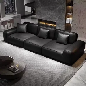Black Three-Seat Italian Modern Cube Sofa with Sponge and Latex Cushioning