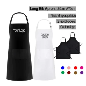 Black White Bib 100 Polyester Restaurant Bbq Kitchen Chef Apron with Custom Logo Embroidery Printing