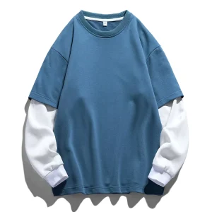 Blank Spring and Autumn Loose Cotton Polyester Heavyweight Custom Logo Men’s Double Layer Sleeve T Shirt