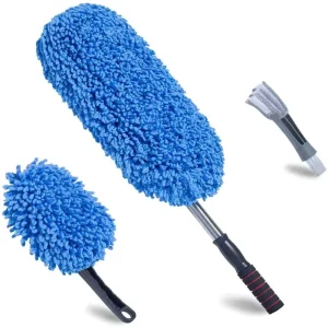 Blue 3Pcs Soft Duster Car Brush Microfiber Wash With Long Handle