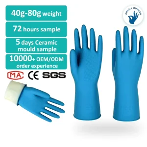 Blue Food Grade Rubber Gloves Textured Non Slip Grip Fleece Lined Interior Heat Resistant for Food Processing