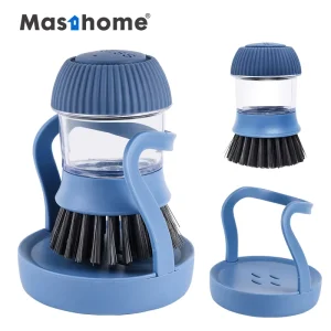 Blue Grey Dish Brush with Soap Dispenser Press Type Kitchen Scrubber