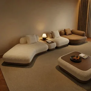 Bouclé Curved Modular Sofa Set with Soft Cushions and Side Table