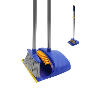 Broom Dustpan Combo Set Heavy Duty Durable Long Steel Handle Flagged Bristle Outdoor Use Floor Standing Upright Stand