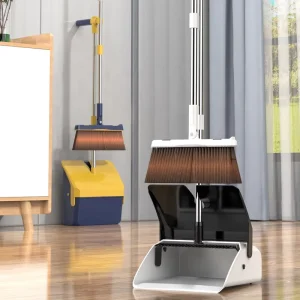 Broom and Dustpan Set Upright Dust Pan and Broom with Steel Long Handle for Home Kitchen Room Lobby Office Floor Clean