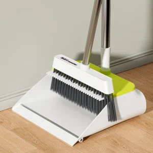 Broom and Dustpan Set with Self Cleaning Comb Teeth Stainless Steel Handle Upright Sweeping Combo for Home Cleaning