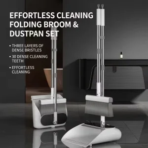 Broom and Dustpan Set with Self Cleaning Teeth Upright Standing Sweeping Combo with Long Handle for Home Office Floor