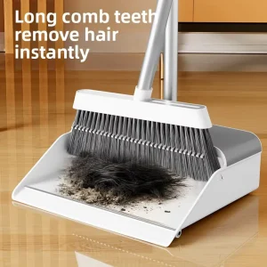 Broom and Non Stick Hair Dustpan Set with Plastic Handle Flagged Bristle Steel Broomstick for Indoor Outdoor Floor Cleaning