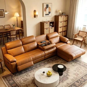 Brown Chesterfield Italian L-Shaped Genuine Leather Reclining Sofa