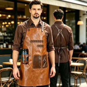 Brown PU Leather Cross Back Apron Waterproof Oilproof Adjustable Unisex Work Apron with Multi Pockets for Barista BBQ