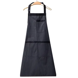 Brown White Vertical Striped Apron With Front Storage Pockets Adjustable Halter Cooking Apron for Catering Cafe Staff