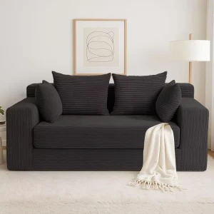 COSTFULL Modern Sectional 3 in 1 Foldable Convertible Sofa Bed Black Corduroy Compressed Sofa Set Home Furniture School Modular