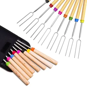 Camping Accessories Grill Kit 32Inch Marshmallow Roasting Stick for Telescoping BBQ Fork with Wooden Handle and Portable Bag