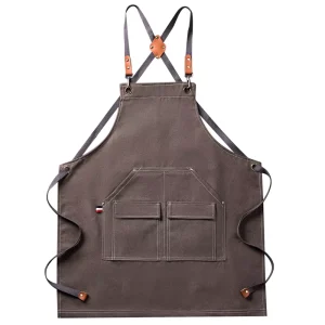 Canvas Work Apron With Cross Back Leather Strap Multi Pocket Heavy Duty Apron for Chef Barber Woodworker Gardener