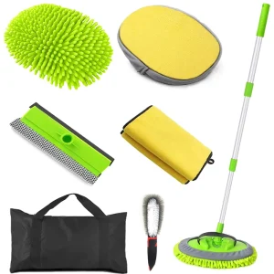 Car Wash Brush Kit with 45″ Aluminum Handle Microfiber Mitt Wheel Brush Window Squeegee & Cloths