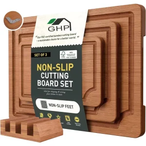 Carbonized Bamboo Cutting Board Set of 3 with Non-Slip Feet and Holder for Laser Engraving