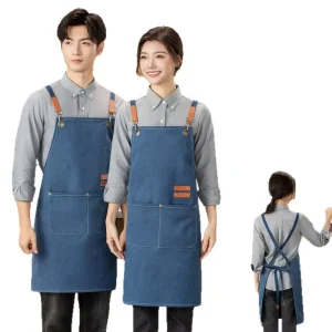 Chef Uniform Bib Kitchen Apron Denim Cotton Barbershop Canvas Apron Men’s Work Apron with Pockets for Cooking and Baking