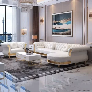 Chesterfield Leather Sofa Set with Solid Wood Frame
