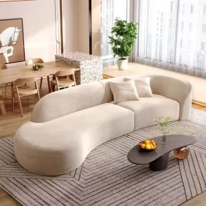 Chesterfield Three Seat Curved Sofa with Cloud White Beige Sheepskin Upholstery
