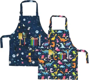 Children’s Dinosaur Apron with Pockets Machine Washable Kids Aprons for Cooking Baking Gardening Kindergarten Art Painting