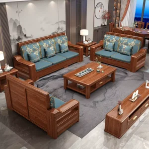 Chinese-Style Solid Wood Living Room Sofa, Table and Chair Set