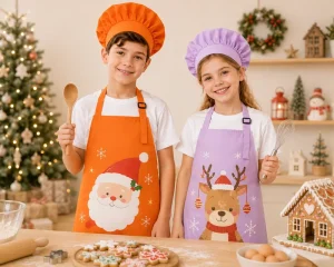 Christmas Kids Apron Set with Chef Hat Adjustable Baking Apron for Boys and Girls Holiday Cooking Activities