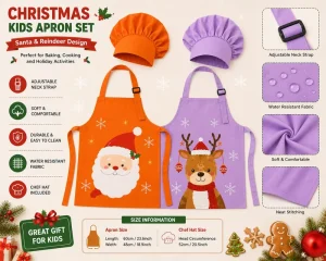 Christmas Kids Cooking Apron Set Cute Holiday Baking Apron for School and Family Events