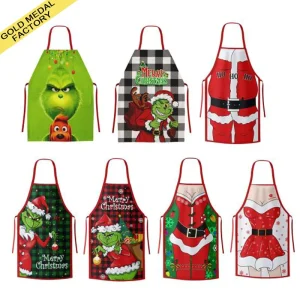 Christmas Polyester Apron Kitchen Cooking Santa Claus Elk Snowman Xmas Decor Women Adults Kids Cartoon Bib Sustainable Sleeved